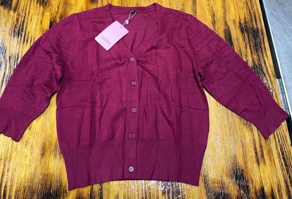 Lienridy Women's V-Neck 3/4 Sleeve Knit Shrug Cardigan in Burgundy